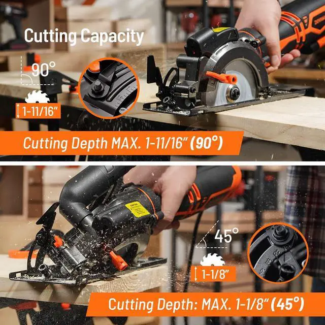 Alt view image 4 of 7 - _Mega Brand Circular Saw, 5.8A 4-1/2" Circular Saw w/Laser, Metal Auxiliary Handle, 6 Blades (4½", 4¾"), Cutting Depth 1-11/16" (90°), 1-3/8" (45°), Ideal for Wood, Soft Metal, Plastic, Tile - MCS01A
