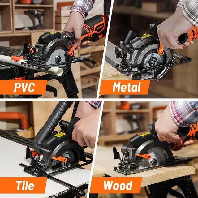 Alt view image 5 of 7 - _Mega Brand Circular Saw, 5.8A 4-1/2" Circular Saw w/Laser, Metal Auxiliary Handle, 6 Blades (4½", 4¾"), Cutting Depth 1-11/16" (90°), 1-3/8" (45°), Ideal for Wood, Soft Metal, Plastic, Tile - MCS01A