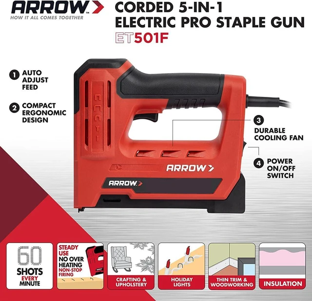 Alt view image 2 of 6 - ET501F 5-in-1 Electric Staple, Nail Gun, Wire Stapler, Brad Nailer | Corded Professional Electric Staple and Nail Gun for Upholstery, Framing, Insulation, Crafts, Fencing, and Cable, Black/Red