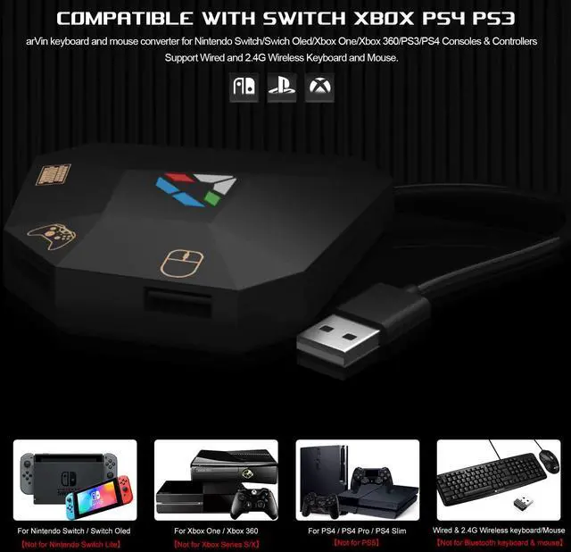 Alt view image 2 of 7 - _Mega Brand Keyboard and Mouse Adapter for Nintendo Switch/PS4/PS3/Xbox One/Xbox 360 Consoles, Switch Adapter Support Custom Mapping & Mouse Sensitivity Adjustment, Wired Keyboard and Mouses Converter