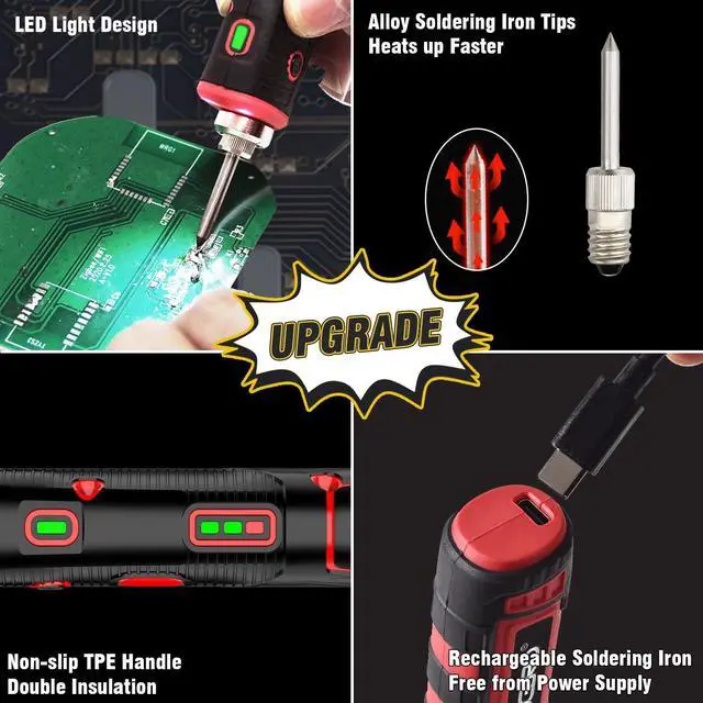 Alt view image 5 of 7 - 11W 2500mAh Cordless Soldering Iron Kit, Upgrade Max 968 Fast Heating Portable USB Rechargeable Soldering Iron High Capacity with Touch Sensor & LED Spotlight (2 tips+adaptor)
