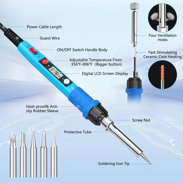 Alt view image 2 of 6 - KEHIPI Soldering Iron Kit, 80W 110V LCD Digital Solder Iron Pen with Ceramic Heater, Portable Welding Tools with 5pcs Tips, Stand, Solders Wire, Sponge, Paste, for Metal,Electric Repairs, DIY