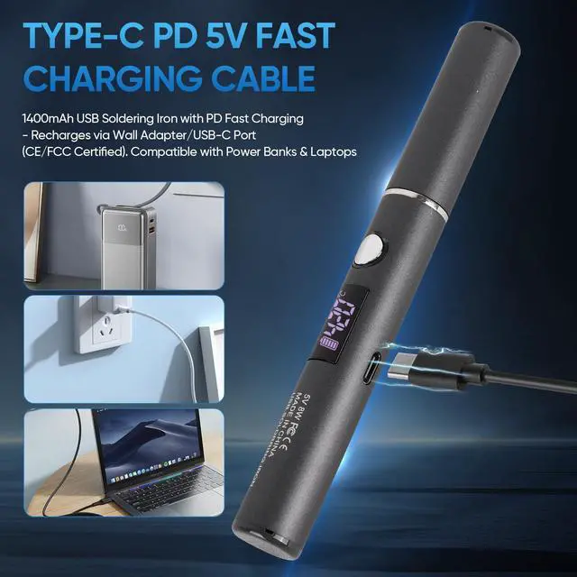 Alt view image 7 of 7 - _Mega Brand Cordless Soldering Iron Kit, Rechargeable USB-C Soldering Pen with OLED Screen, Portable Battery Powered Solder Iron for Electronics Repair, Includes 3 Tips & Lead-Free Solder Wire