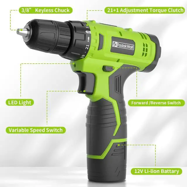 Alt view image 2 of 7 - Cordless Drill Set,12V Power Drill Set with Battery and Charger, Electric Driver/Drill Bits, 3/8'' Keyless Chuck,21+1 Torque Setting, 180 inch-lbs, with LED Electric Drill Set (Green)