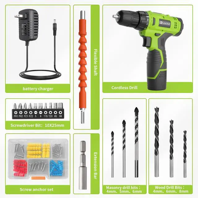 Alt view image 4 of 7 - Cordless Drill Set,12V Power Drill Set with Battery and Charger, Electric Driver/Drill Bits, 3/8'' Keyless Chuck,21+1 Torque Setting, 180 inch-lbs, with LED Electric Drill Set (Green)