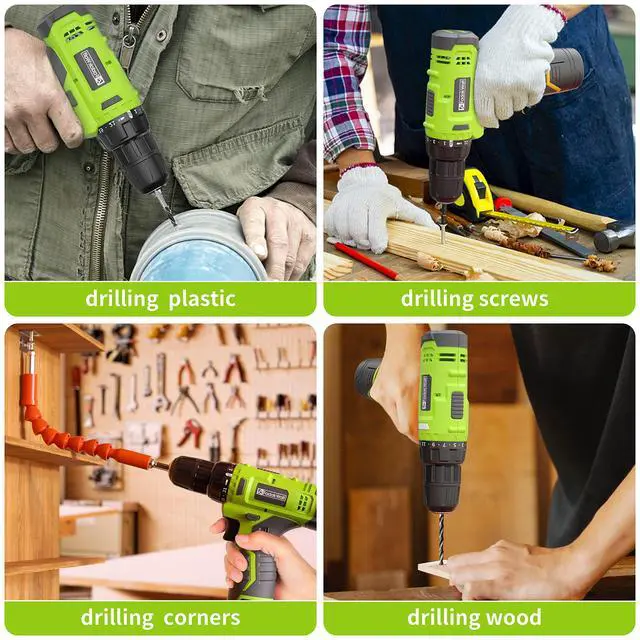 Alt view image 3 of 7 - Cordless Drill Set,12V Power Drill Set with Battery and Charger, Electric Driver/Drill Bits, 3/8'' Keyless Chuck,21+1 Torque Setting, 180 inch-lbs, with LED Electric Drill Set (Green)