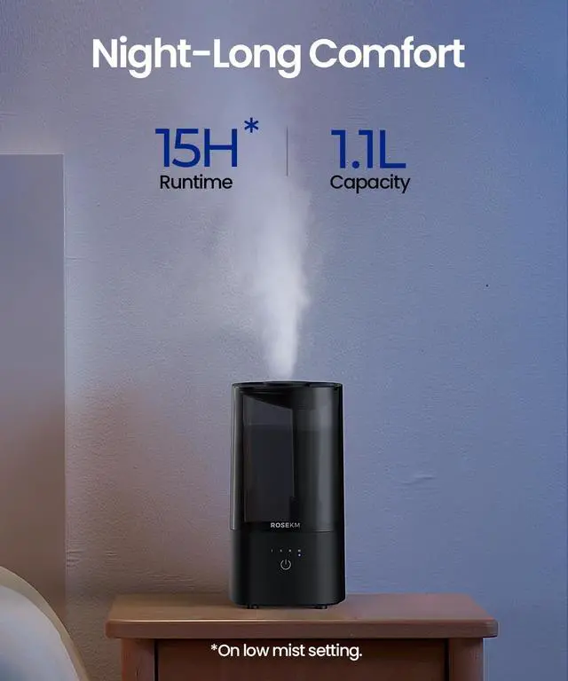 Alt view image 3 of 6 - _Mega Brand Humidifiers for Bedroom (1.1L), Small Cool Mist Humidifier for Home Plant and Baby Nursery, Quiet Ultrasonic Humidifier with 360° Nozzle, Auto Shut-Off, Filterless, Black