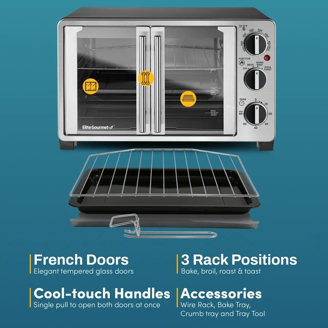 Alt view image 7 of 7 - Double French Door Oven, 25L, 12" Pizza, SS/Black | Bake, Broil, Toast & Keep Warm functions - great for entertaining - Countertop Design