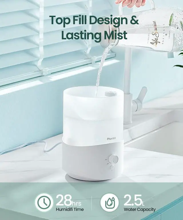 Alt view image 2 of 7 - Humidifiers for Bedroom Large Room, 2.5L Cool Mist Humidifier with Essential Oil Diffuser, Top Fill Humidifier for Baby, Home, Plant, Ultrasonic Humidification for whole house, Auto Shut-Off