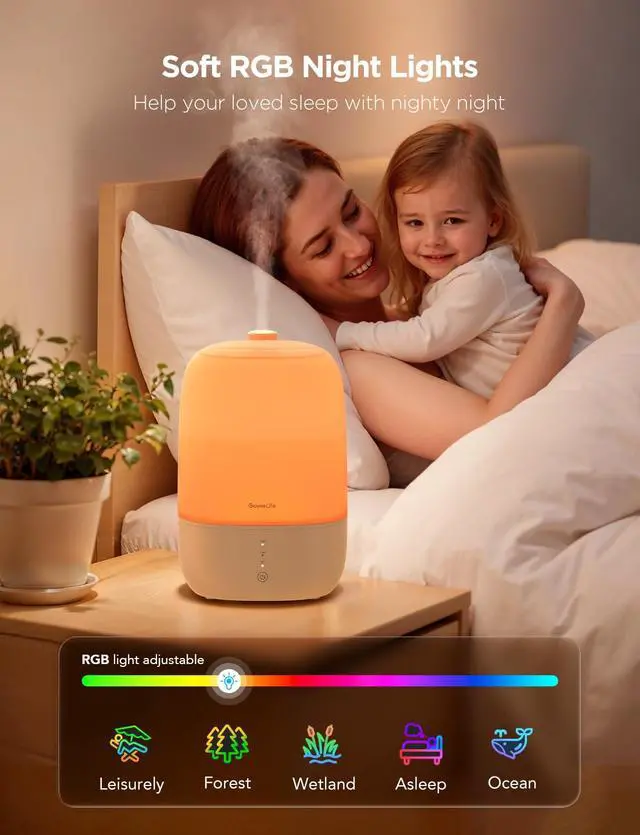 Alt view image 5 of 7 - Smart Humidifiers for Bedroom, 3L Top Fill Cool Mist Humidifier | 24dB Quiet Runtime, Humidity Control, Easy to Clean, 25H Lasting, RGB Night Light for Baby, Plants, Works with Alexa