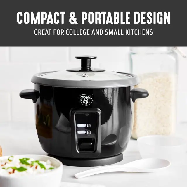 Alt view image 4 of 7 - Rice Cooker with Removable PFAS-Free Ceramic Nonstick Pot, 3-Cups Uncooked/6-Cups Cooked, Grains & Oatmeal Multicooker, Compact One-Switch Design, Auto Keep Warm, Easy Clean, Black