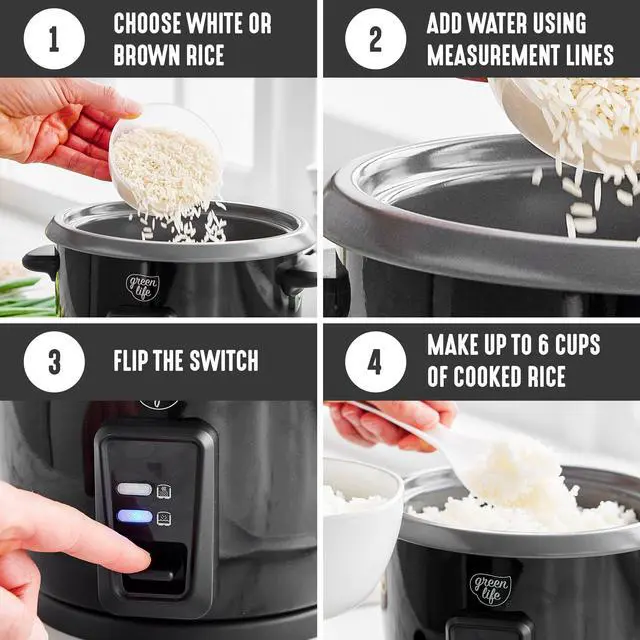 Alt view image 7 of 7 - Rice Cooker with Removable PFAS-Free Ceramic Nonstick Pot, 3-Cups Uncooked/6-Cups Cooked, Grains & Oatmeal Multicooker, Compact One-Switch Design, Auto Keep Warm, Easy Clean, Black