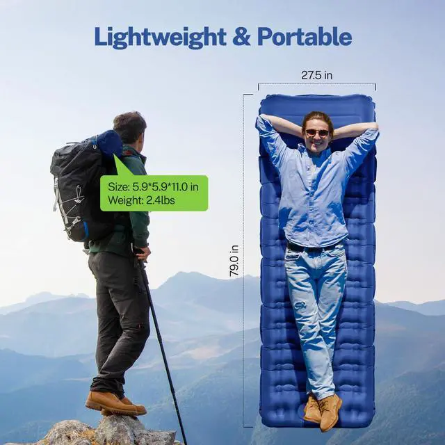 Alt view image 2 of 7 - Sleeping Pad for Camping, 6" Extra-Thick Reinforced Camping Sleeping Pad with Pillows & Built-in Foot Pump, Ultralight Self Inflating Air Mattress Mat for Tent Hiking Essentials Gear