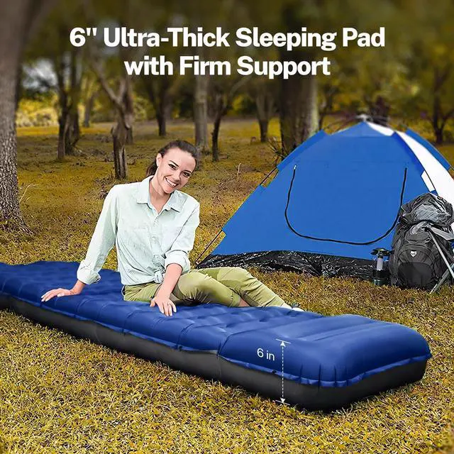 Alt view image 3 of 7 - Sleeping Pad for Camping, 6" Extra-Thick Reinforced Camping Sleeping Pad with Pillows & Built-in Foot Pump, Ultralight Self Inflating Air Mattress Mat for Tent Hiking Essentials Gear
