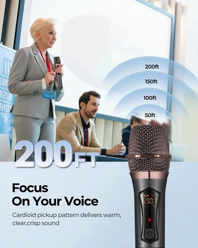 Alt view image 5 of 7 - _Mega Brand Wireless Microphones, Metal Dynamic Microphone System with Rechargeable Receiver, 50H Duration, 200ft Range, Microphone for Karaoke Singing, Wedding, DJ, Party, Speech, Church