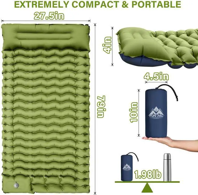 Alt view image 2 of 7 - _Mega Brand Camping Sleeping Pad, Ultralight Camping Mat with Pillow, Built-in Foot Pump Inflatable Sleeping Pads Compact for Camping Backpacking Hiking Traveling Tent,Single,Green.