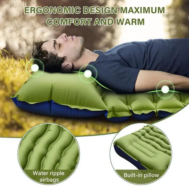 Alt view image 3 of 7 - _Mega Brand Camping Sleeping Pad, Ultralight Camping Mat with Pillow, Built-in Foot Pump Inflatable Sleeping Pads Compact for Camping Backpacking Hiking Traveling Tent,Single,Green.