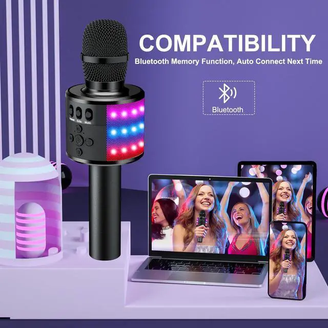 Alt view image 4 of 7 - Karaoke Microphone for Kids & Adults - Bluetooth Microphones Singing Mic with Disco Lights, Echo Effect, Built-in Speaker Portable Karaoke Player for Party Travel Gifts Q78(Black)