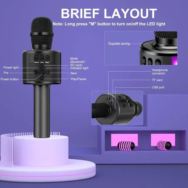 Alt view image 6 of 7 - Karaoke Microphone for Kids & Adults - Bluetooth Microphones Singing Mic with Disco Lights, Echo Effect, Built-in Speaker Portable Karaoke Player for Party Travel Gifts Q78(Black)