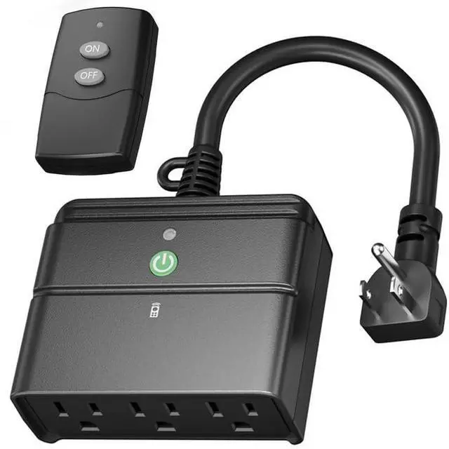 Main image of BN-LINK Outdoor Indoor Wireless Remote Control 3-Prong Outlet Weather Proof Heavy Duty 15 AMP Compact (Black) 3 Grounded Outlets with Remote 6-inch Cord 100ft Range ETL Listed