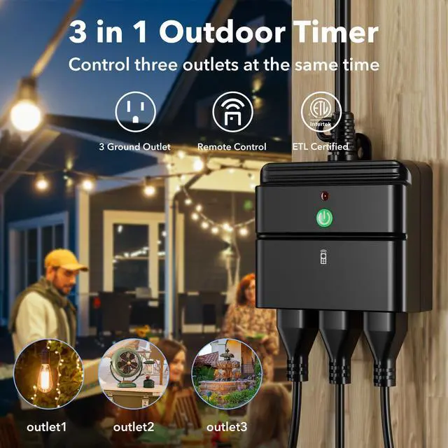 Alt view image 2 of 7 - BN-LINK Outdoor Indoor Wireless Remote Control 3-Prong Outlet Weather Proof Heavy Duty 15 AMP Compact (Black) 3 Grounded Outlets with Remote 6-inch Cord 100ft Range ETL Listed