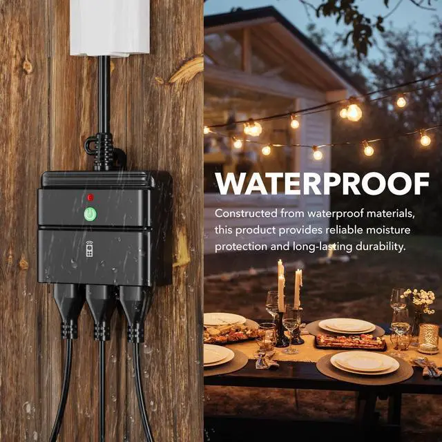 Alt view image 3 of 7 - BN-LINK Outdoor Indoor Wireless Remote Control 3-Prong Outlet Weather Proof Heavy Duty 15 AMP Compact (Black) 3 Grounded Outlets with Remote 6-inch Cord 100ft Range ETL Listed