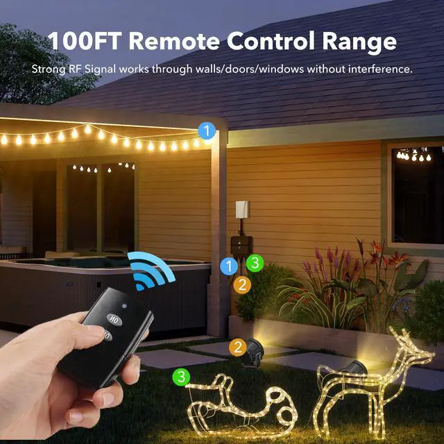 Alt view image 6 of 7 - BN-LINK Outdoor Indoor Wireless Remote Control 3-Prong Outlet Weather Proof Heavy Duty 15 AMP Compact (Black) 3 Grounded Outlets with Remote 6-inch Cord 100ft Range ETL Listed