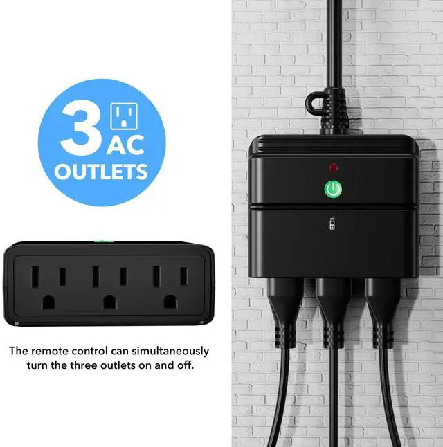 Alt view image 7 of 7 - BN-LINK Outdoor Indoor Wireless Remote Control 3-Prong Outlet Weather Proof Heavy Duty 15 AMP Compact (Black) 3 Grounded Outlets with Remote 6-inch Cord 100ft Range ETL Listed