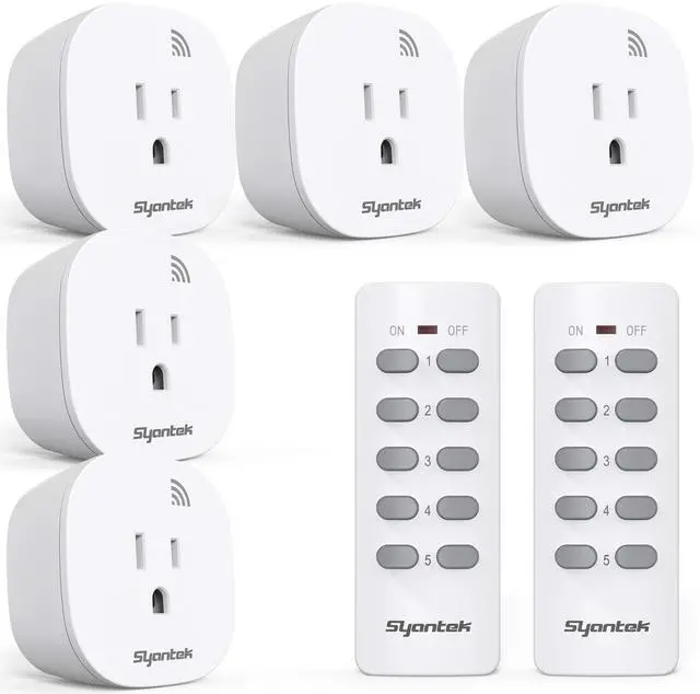 Main image of Syantek Remote Control Outlet Wireless Light Switch for Household Appliances, Expandable Remote Light Switch Kit, Up to 100 ft Range, FCC Certified, ETL Listed, White (5 Outlets + 2 Remotes)