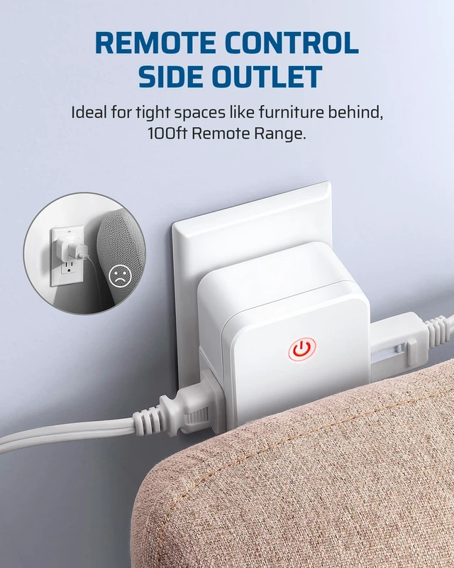 Alt view image 2 of 7 - Indoor Remote Outlet, Wireless Remote Light Switch | 2 Side Outlets, No Interference, No Wiring, 100FT RF Range, 15A/1875W, Compact Design, Programmable for Lights Fans Chargers