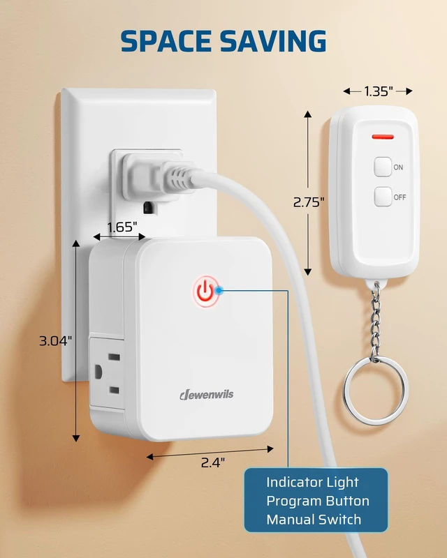 Alt view image 6 of 7 - Indoor Remote Outlet, Wireless Remote Light Switch | 2 Side Outlets, No Interference, No Wiring, 100FT RF Range, 15A/1875W, Compact Design, Programmable for Lights Fans Chargers