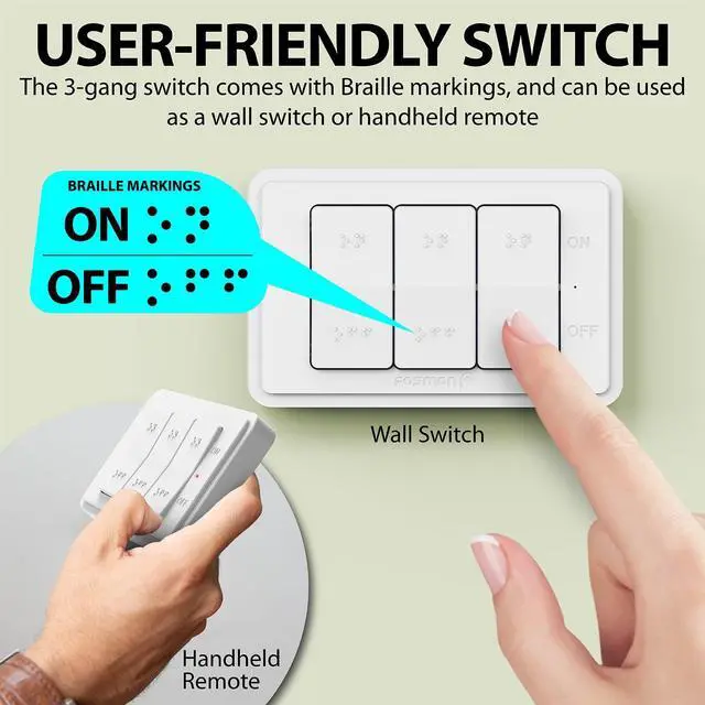 Alt view image 4 of 7 - Wireless Remote Control Outlet Plug Indoor, Battery Operated Light Switch with Braille On/Off Mark, for Lights, Christmas Tree, No Interference, 15A/1875W, No Wiring & Expandable - 3 Pack