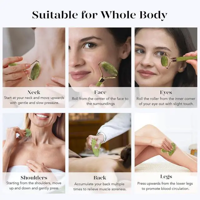 Alt view image 5 of 7 - IcyMe Gua Sha & Jade Roller Set, Cooling Face Roller & Guasha Tool for Face Depuffing, Facial Sculpting & Jawline Definition, Smooth Rolling Skincare Tools Gifts for Women & Men Green