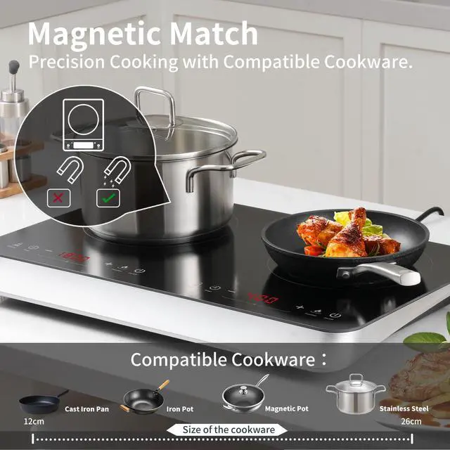 Alt view image 5 of 6 - _Mega Brand Double Induction Cooktop Burner with Fast Warm-Up Mode, 1800w 2 Burner with 10 Temperature 9 Power Settings, Portable Dual Induction Cooker Cooktop with Child Safety Lock & Time