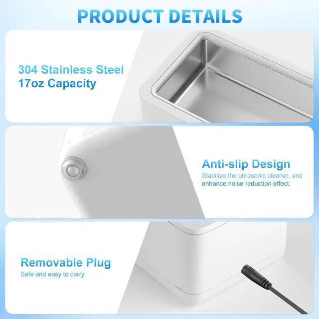 Alt view image 5 of 6 - _Mega Brand Ultrasonic Jewelry Cleaner, 50KHz Professional Jewelry Cleaner Machine with 3 Timer Modes for Jewelry, Eyeglasses, Rings, Watch Strap, Dentures, 304 Stainless Steel Tank