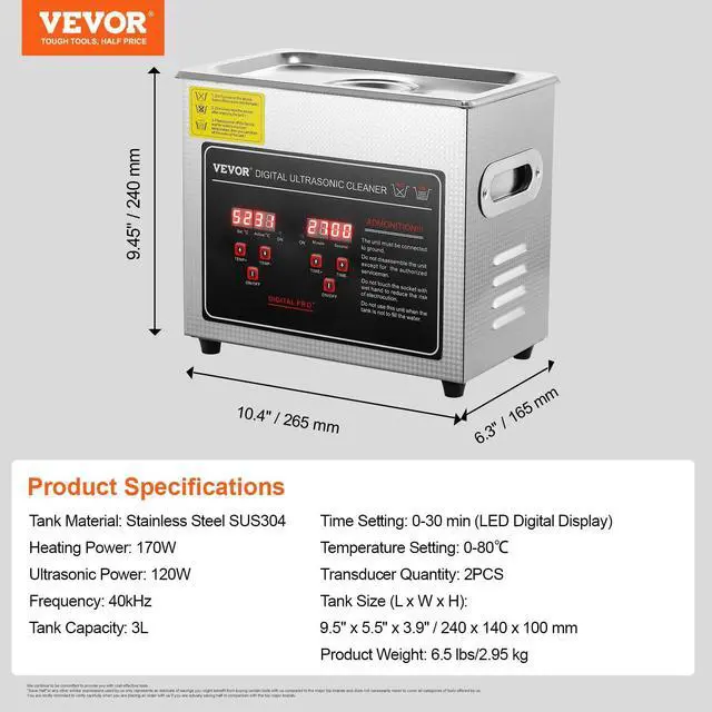Alt view image 7 of 7 - _Mega Brand Ultrasonic Cleaning Machine with Digital Timer & Heater, Professional Jewelry Cleaner, Stainless Steel Heated Cleaning Machine for Glasses Watch Rings Small Parts Circuit Board (3L)