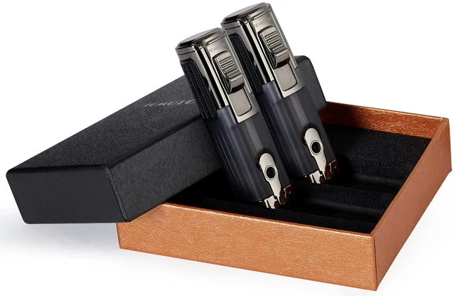 Alt view image 6 of 6 - Cigar Lighter Triple Jet Flame Torch Lighter Refillable Butane Lighter with Cigar Punch, 2 Pack, Charcoal