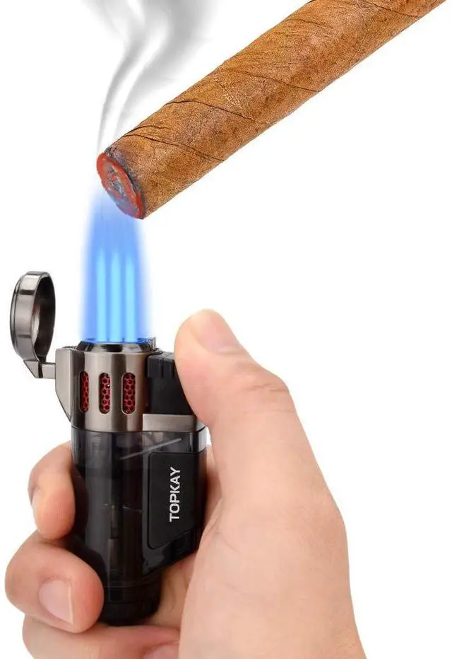 Alt view image 2 of 7 - Cigar Lighter Triple Jet Flame Butane Torch Lighters Windproof Butane Refillable Gas Torch Lighters with a Gift Box, 2 Pack (Without Gas)