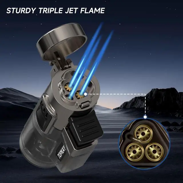 Alt view image 3 of 7 - Cigar Lighter Triple Jet Flame Butane Torch Lighters Windproof Butane Refillable Gas Torch Lighters with a Gift Box, 2 Pack (Without Gas)