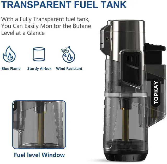 Alt view image 5 of 7 - Cigar Lighter Triple Jet Flame Butane Torch Lighters Windproof Butane Refillable Gas Torch Lighters with a Gift Box, 2 Pack (Without Gas)