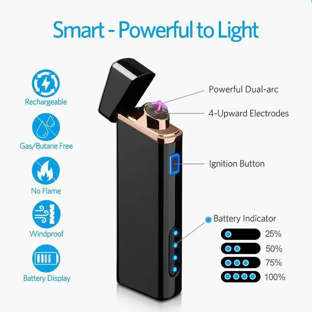 Alt view image 2 of 7 - Electric Arc Lighter USB Rechargeable Windproof Flameless Plasma with Battery Indicator for Fire, Cigarette, Candle - Outdoors Indoors | Bright-Black (Upgraded).