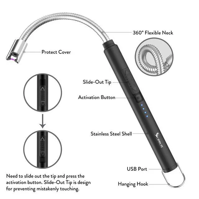 Alt view image 4 of 7 - SUPRUS Electric Candle Lighter USB Type C Rechargeable Lighter Steel Shell & Hanging Hook with 360° Flexible Neck (Black)