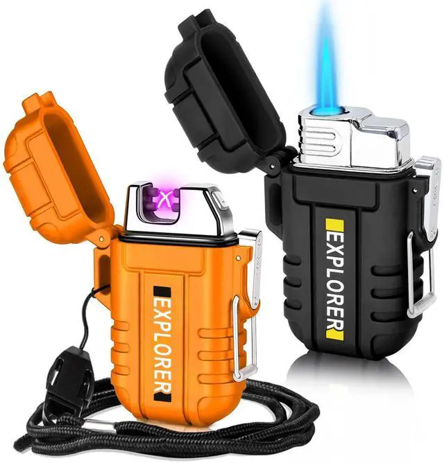 Main image of 2 Pack Waterproof Lighter Outdoor Windproof Torch Lighters Dual Arc Butane Electric Lighters USB Rechargeable Lighters Flameless Plasma Lighter Camping Hiking Adventure Survival Tactical Gear