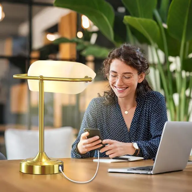 Alt view image 3 of 7 - Vintage Desk Lamp Bankers Lamp - Plastic Lampshade Retro Table Lamp with USB & Type C Charging Ports Traditional Library Lamp for Home Office Nightstand Bedroom Side Table Lamp(T45 Bulb Included)