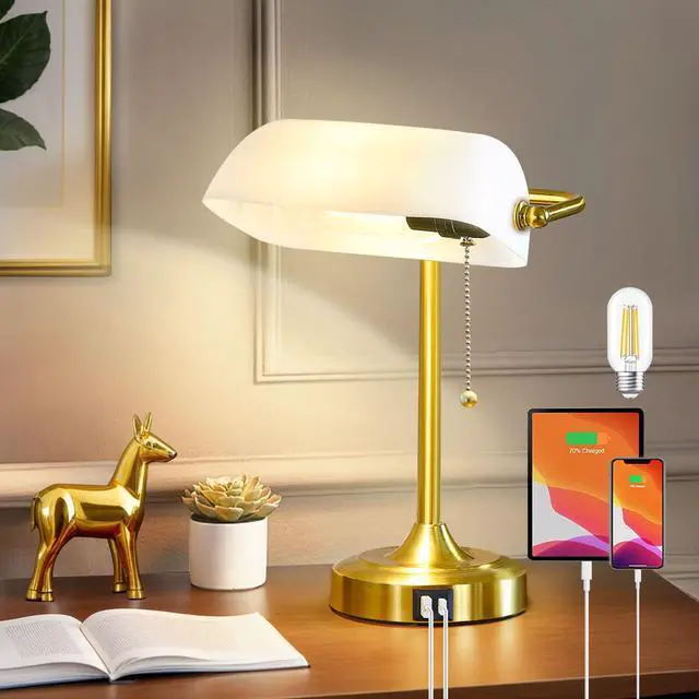 Main image of Vintage Desk Lamp Bankers Lamp - Plastic Lampshade Retro Table Lamp with USB & Type C Charging Ports Traditional Library Lamp for Home Office Nightstand Bedroom Side Table Lamp(T45 Bulb Included)