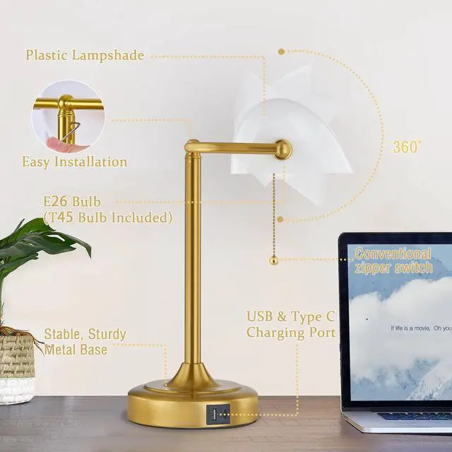 Alt view image 2 of 7 - Vintage Desk Lamp Bankers Lamp - Plastic Lampshade Retro Table Lamp with USB & Type C Charging Ports Traditional Library Lamp for Home Office Nightstand Bedroom Side Table Lamp(T45 Bulb Included)