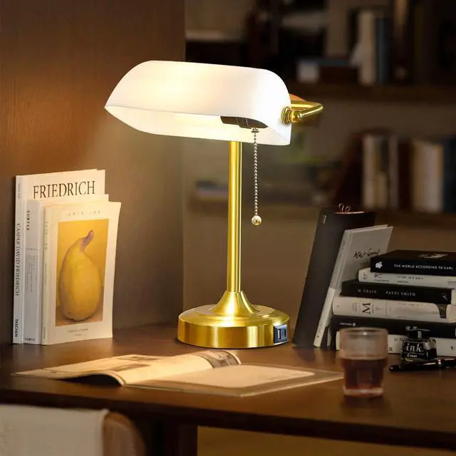 Alt view image 5 of 7 - Vintage Desk Lamp Bankers Lamp - Plastic Lampshade Retro Table Lamp with USB & Type C Charging Ports Traditional Library Lamp for Home Office Nightstand Bedroom Side Table Lamp(T45 Bulb Included)