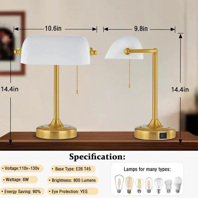 Alt view image 6 of 7 - Vintage Desk Lamp Bankers Lamp - Plastic Lampshade Retro Table Lamp with USB & Type C Charging Ports Traditional Library Lamp for Home Office Nightstand Bedroom Side Table Lamp(T45 Bulb Included)