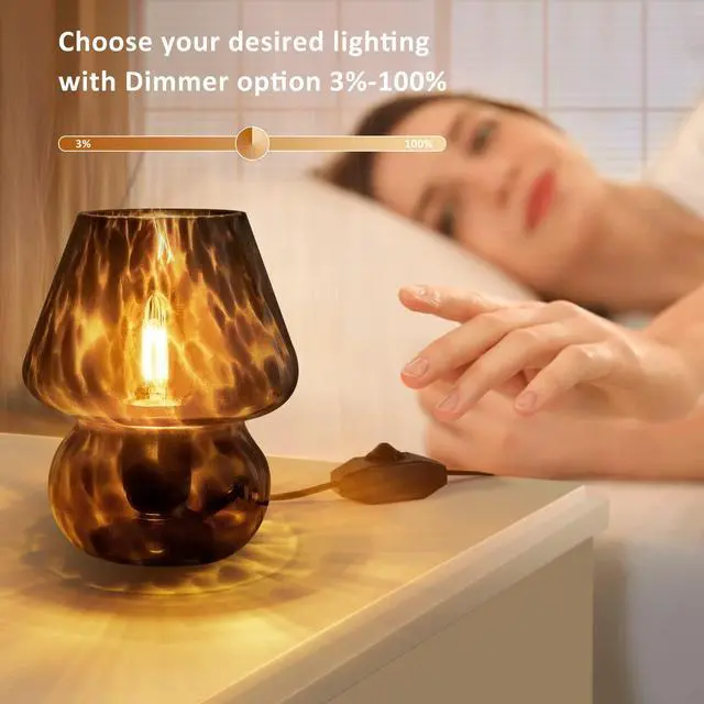 Alt view image 2 of 6 - Mushroom Lamp Small Vintage Table Lamp for Bedroom Nightstand, Bedside Lamp Translucent Glass Stepless Dimmable, Murano Aesthetic Home Decor for Living Room Kitchen(Black)