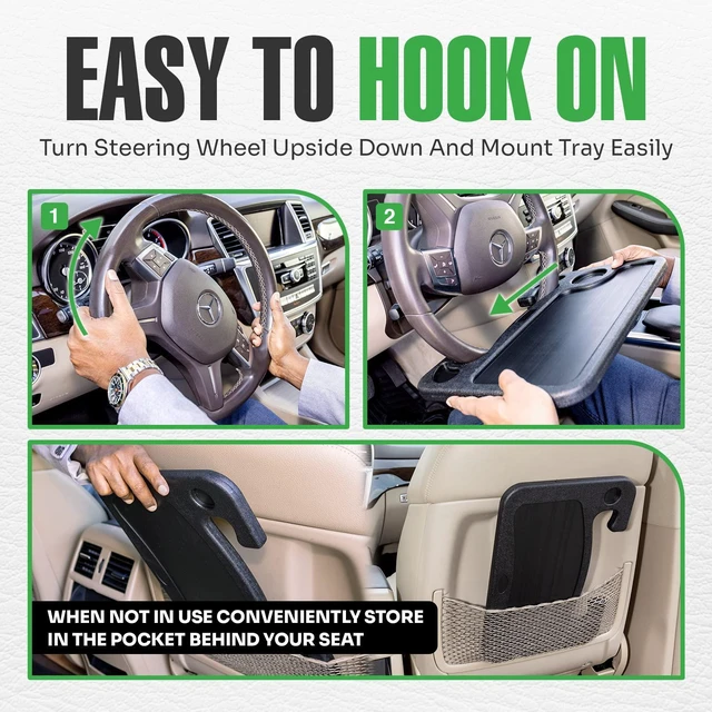 Alt view image 4 of 7 - Steering Wheel Desk Tray for Eating, Laptops - Hooks Onto Most Vehicle Steering Wheels, Road Trip Accessory, Car Table
